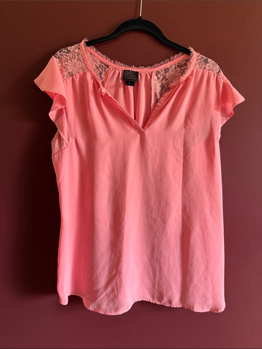 Oh Baby by Motherhood Coral Lace-Yoke Flutter Sleeve Top
